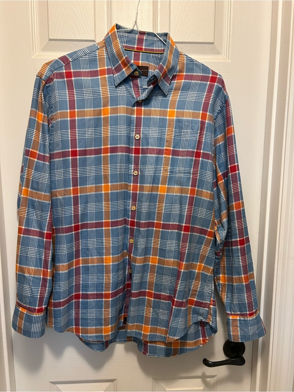 Robert Talbott Blue Plaid Shirt with Red & Orange Stripes